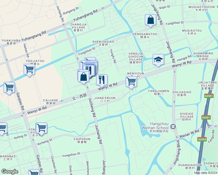 map of restaurants, bars, coffee shops, grocery stores, and more near Wen Yi Xi Lu in Hang Zhou Shi