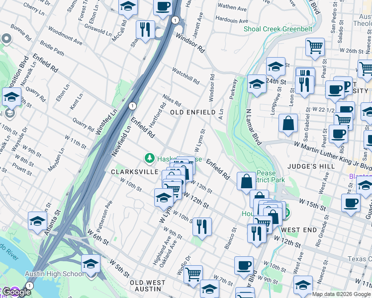 map of restaurants, bars, coffee shops, grocery stores, and more near 1504 West Lynn Street in Austin