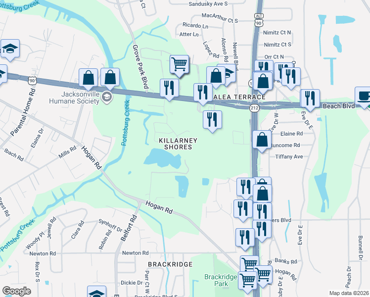 map of restaurants, bars, coffee shops, grocery stores, and more near in Jacksonville