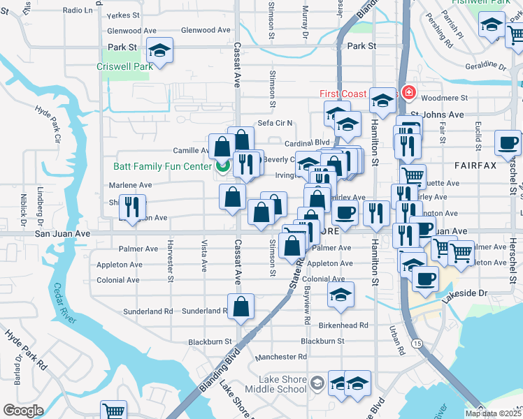 map of restaurants, bars, coffee shops, grocery stores, and more near 4819 Lexington Avenue in Jacksonville