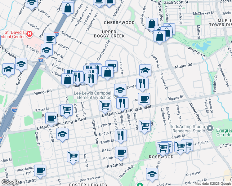 map of restaurants, bars, coffee shops, grocery stores, and more near 2612 Rogers Avenue in Austin