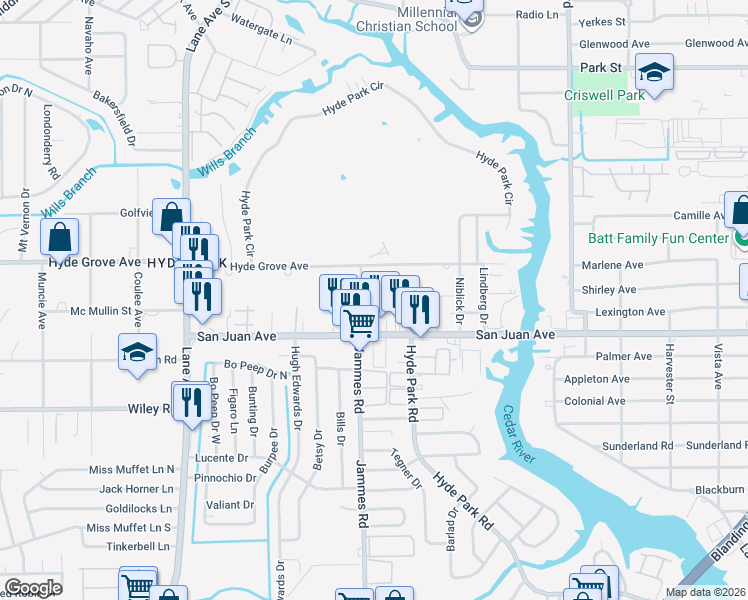 map of restaurants, bars, coffee shops, grocery stores, and more near 6345 Kimberly Lane in Jacksonville