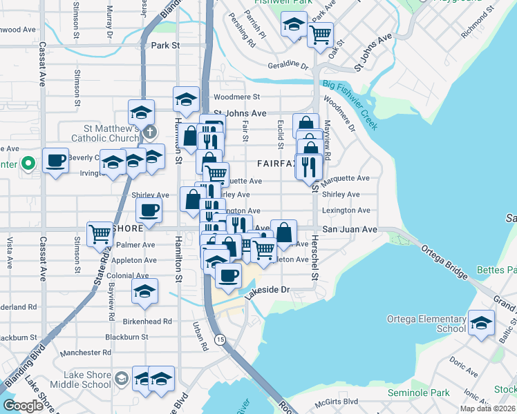 map of restaurants, bars, coffee shops, grocery stores, and more near 4341 Lexington Avenue in Jacksonville