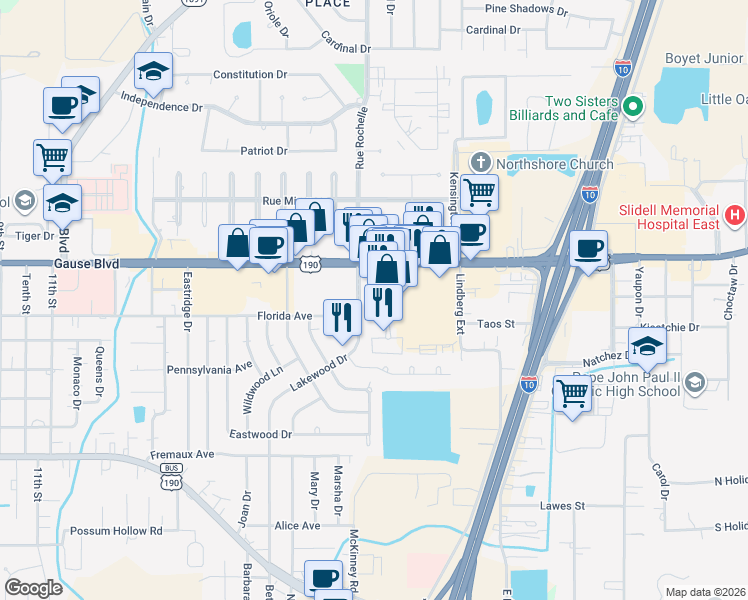 map of restaurants, bars, coffee shops, grocery stores, and more near 1349 Corporate Square Drive in Slidell