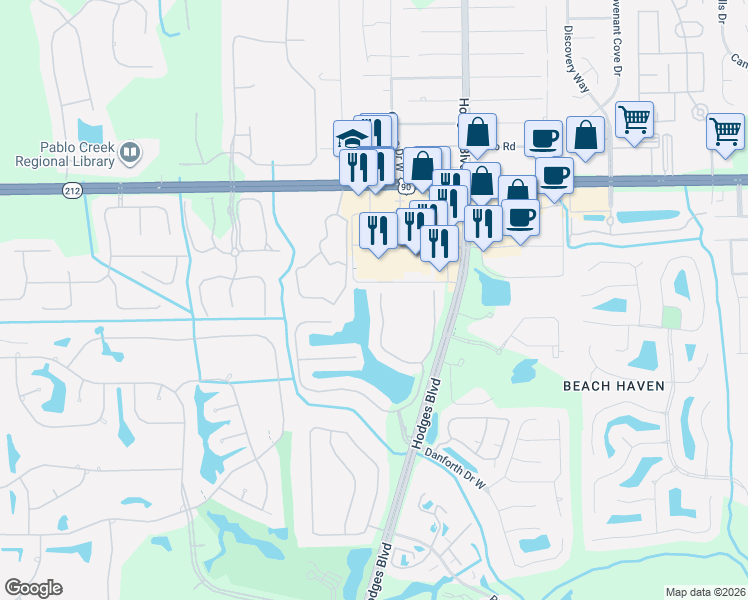 map of restaurants, bars, coffee shops, grocery stores, and more near 3634 casitas Drive in Jacksonville