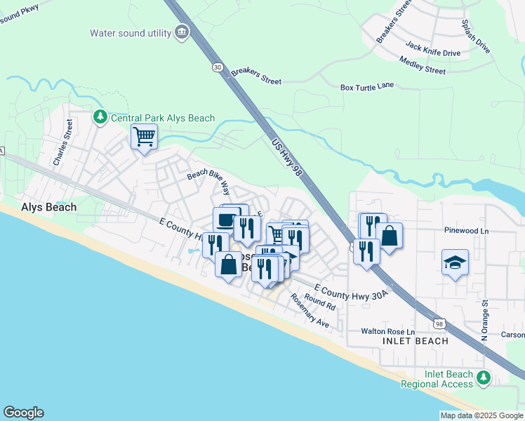 map of restaurants, bars, coffee shops, grocery stores, and more near 37 Lifeguard Loop East in Panama City Beach