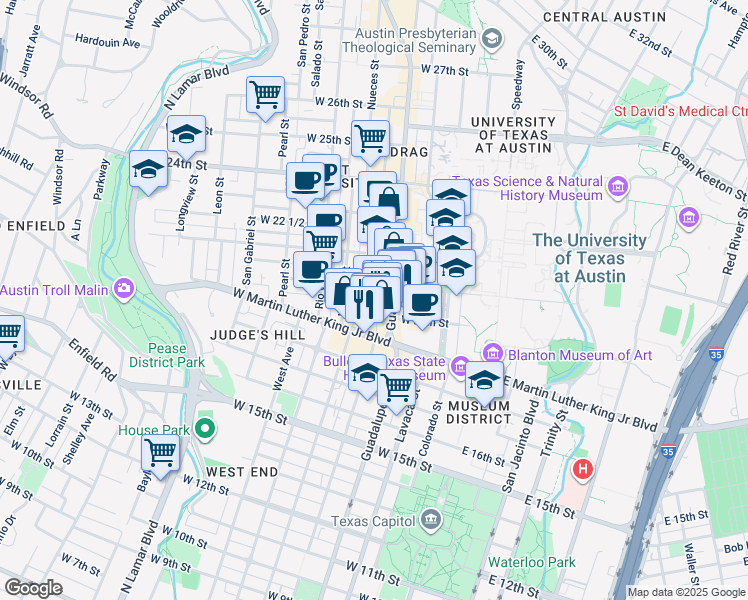 map of restaurants, bars, coffee shops, grocery stores, and more near 2011 San Antonio Street in Austin