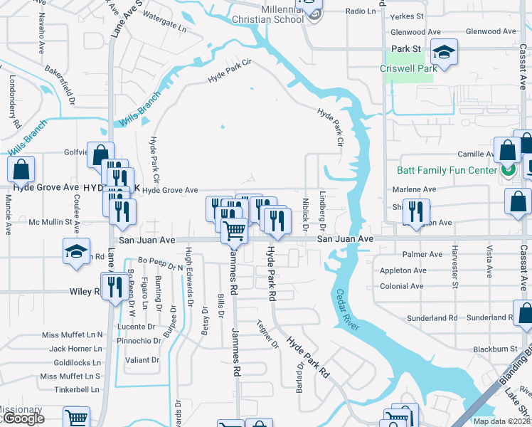 map of restaurants, bars, coffee shops, grocery stores, and more near 6319 Kimberly Lane in Jacksonville