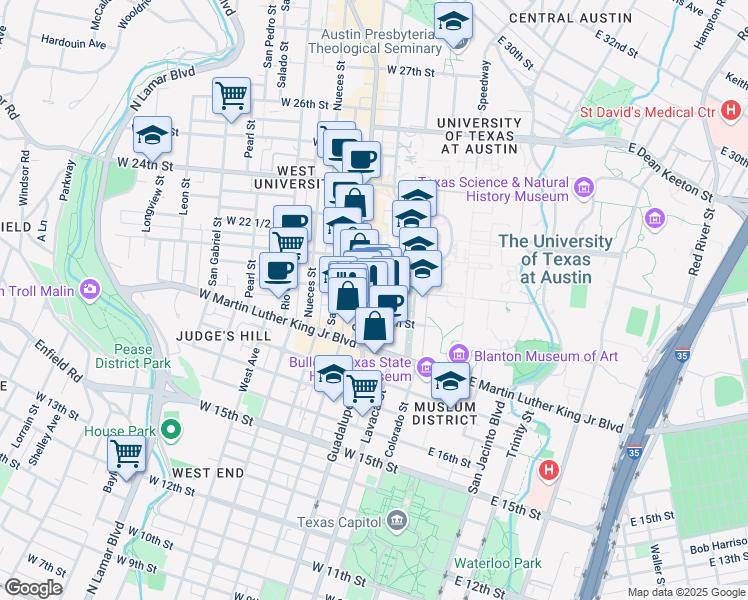 map of restaurants, bars, coffee shops, grocery stores, and more near in Austin