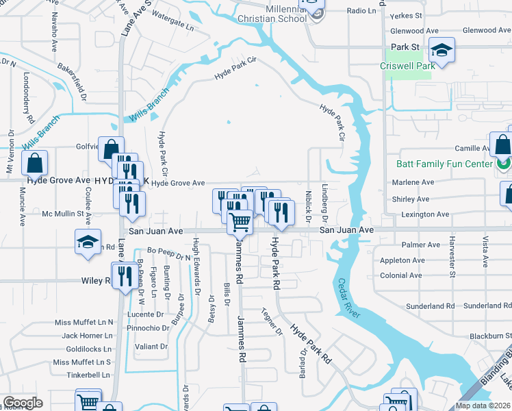 map of restaurants, bars, coffee shops, grocery stores, and more near 6345 Kimberly Lane in Jacksonville
