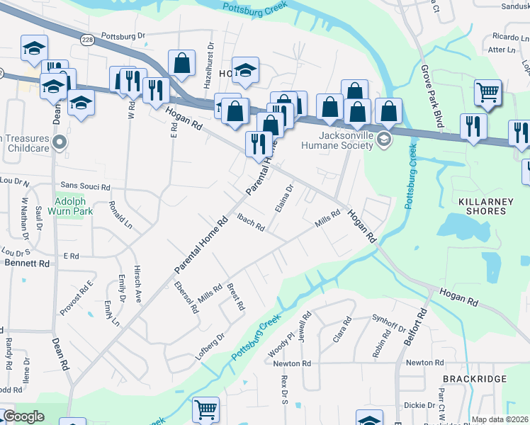 map of restaurants, bars, coffee shops, grocery stores, and more near 8067 Parental Circle in Jacksonville
