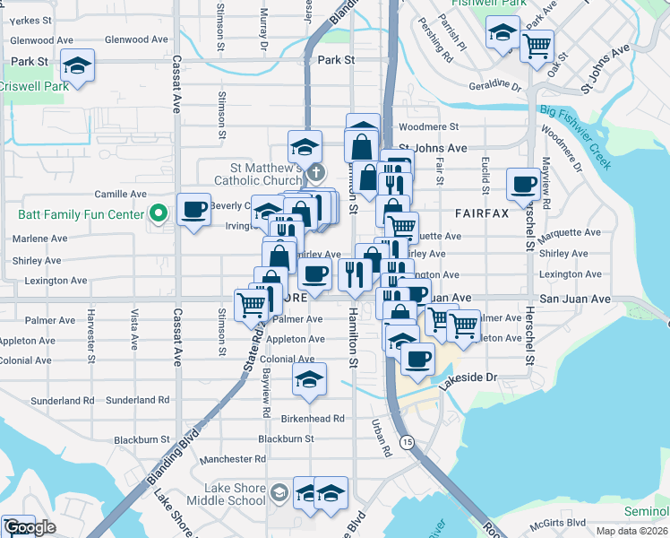 map of restaurants, bars, coffee shops, grocery stores, and more near 4575 Lexington Avenue in Jacksonville