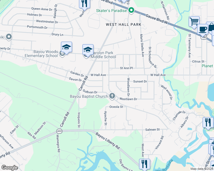 map of restaurants, bars, coffee shops, grocery stores, and more near 1323 Westlawn Drive in Slidell
