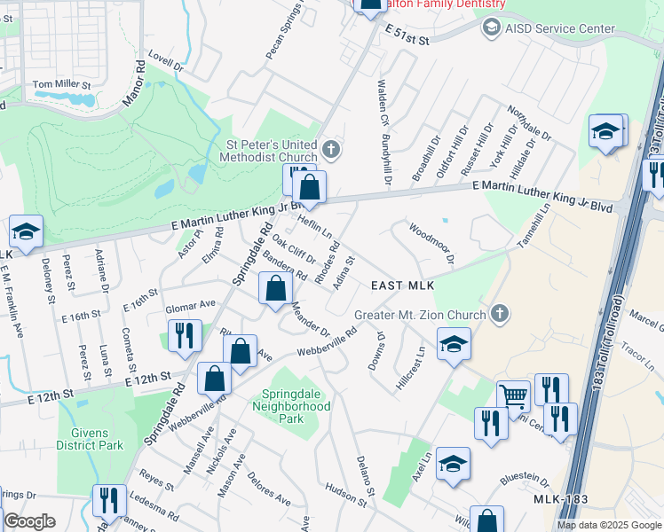 map of restaurants, bars, coffee shops, grocery stores, and more near 1809 Rhodes Road in Austin