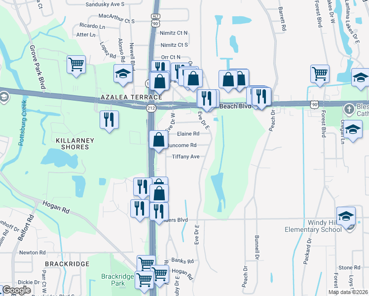 map of restaurants, bars, coffee shops, grocery stores, and more near 9806 Buncome Road in Jacksonville