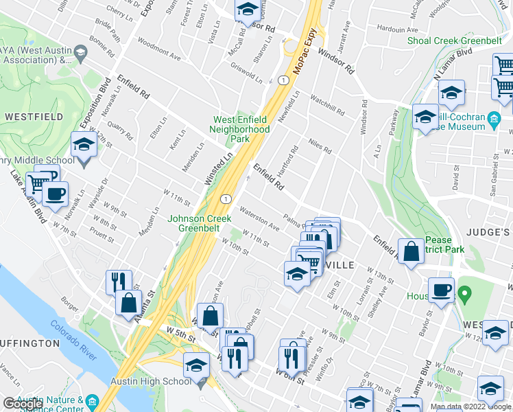 map of restaurants, bars, coffee shops, grocery stores, and more near 1725 Palma Plaza in Austin