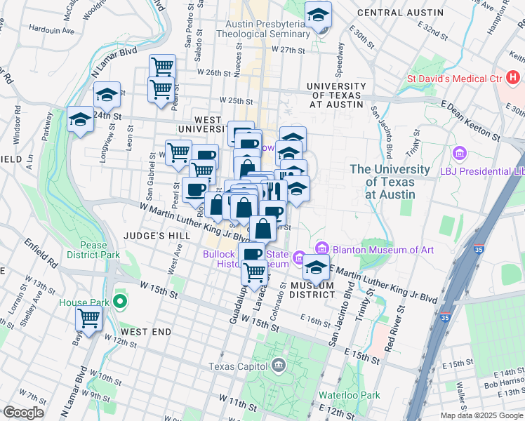 map of restaurants, bars, coffee shops, grocery stores, and more near in Austin