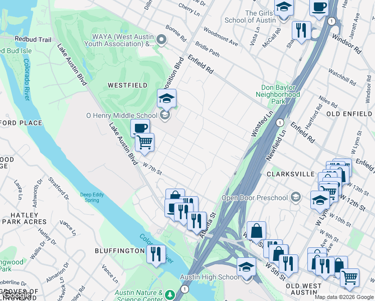 map of restaurants, bars, coffee shops, grocery stores, and more near 907 Possum Trot Street in Austin