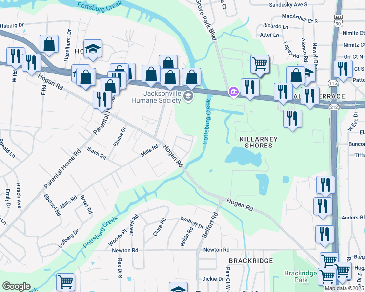 map of restaurants, bars, coffee shops, grocery stores, and more near 8343 Hogan Road in Jacksonville