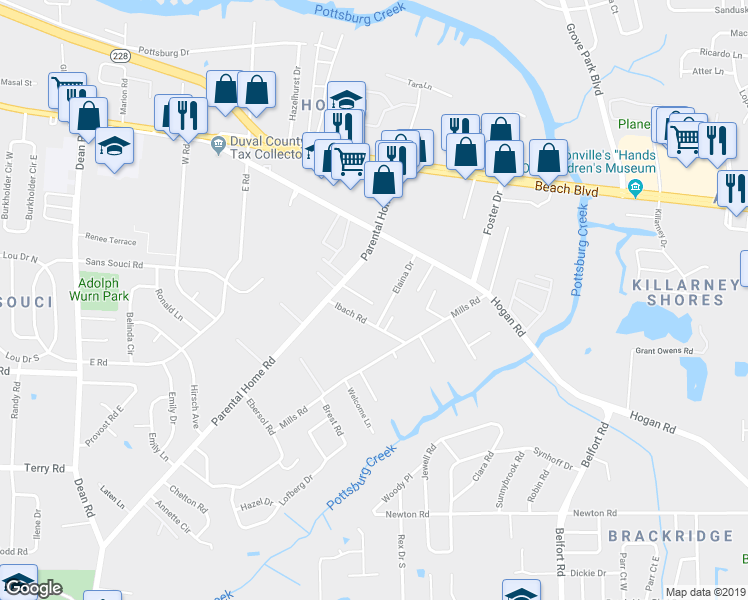 map of restaurants, bars, coffee shops, grocery stores, and more near 8067 Parental Circle in Jacksonville