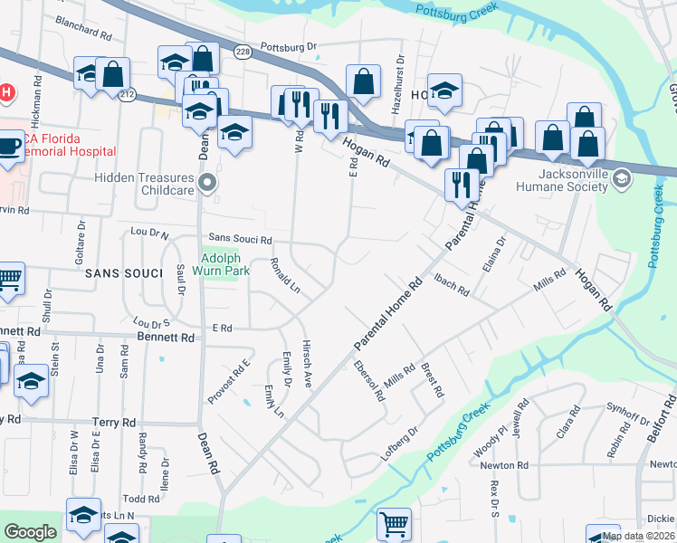 map of restaurants, bars, coffee shops, grocery stores, and more near in Jacksonville