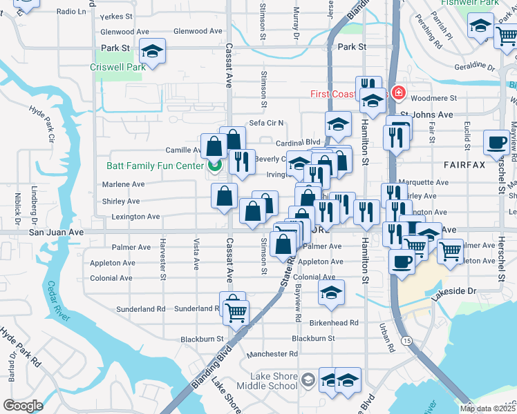 map of restaurants, bars, coffee shops, grocery stores, and more near 4819 Lexington Avenue in Jacksonville