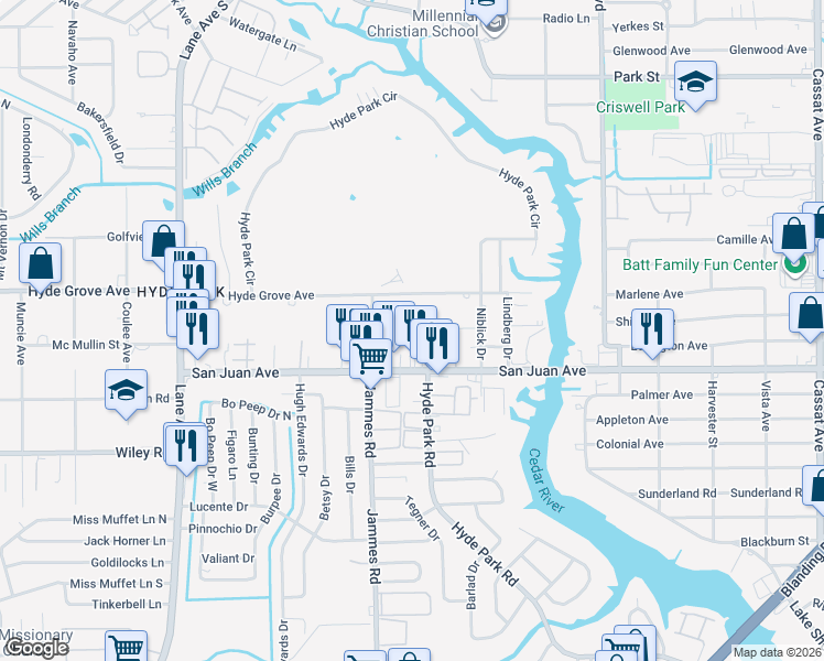 map of restaurants, bars, coffee shops, grocery stores, and more near 6319 Kimberly Lane in Jacksonville