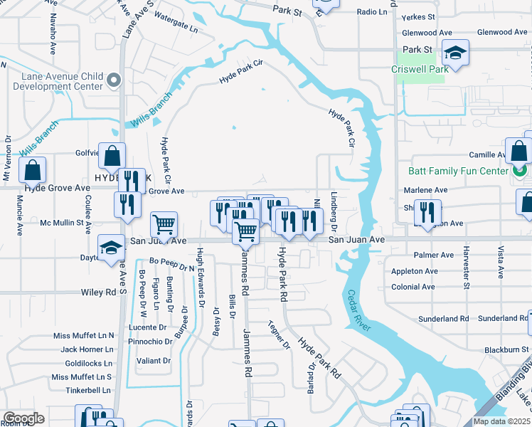 map of restaurants, bars, coffee shops, grocery stores, and more near 6345 Kimberly Lane in Jacksonville