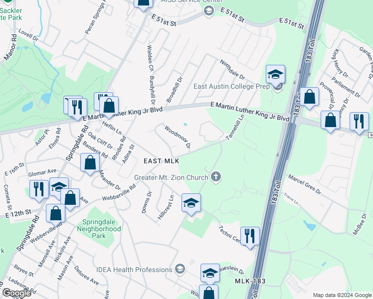 map of restaurants, bars, coffee shops, grocery stores, and more near 5302 Woodmoor Drive in Austin