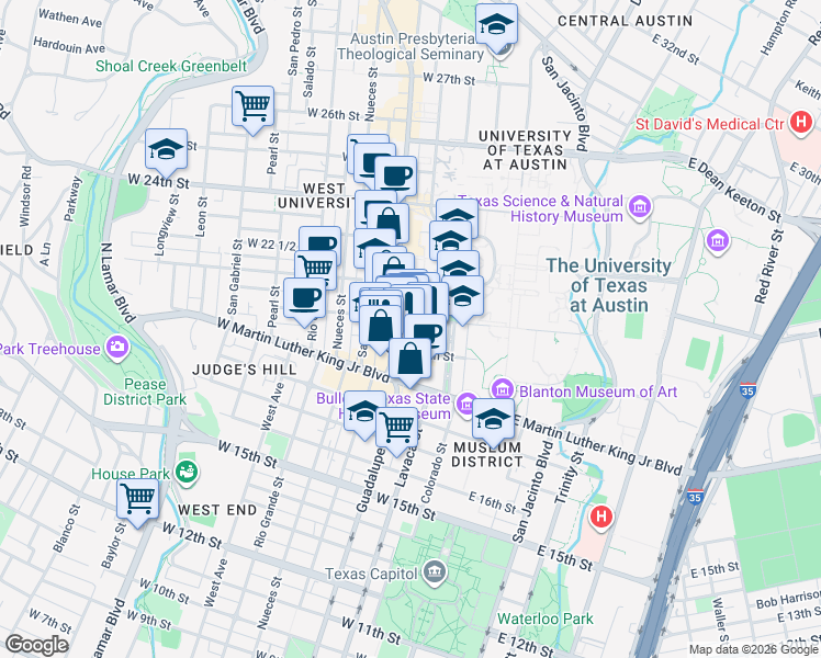 map of restaurants, bars, coffee shops, grocery stores, and more near in Austin