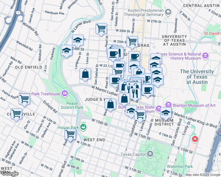 map of restaurants, bars, coffee shops, grocery stores, and more near 805 West Martin Luther King Junior Boulevard in Austin