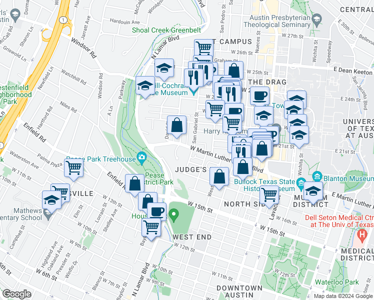 map of restaurants, bars, coffee shops, grocery stores, and more near 1003 West Martin Luther King Junior Boulevard in Austin