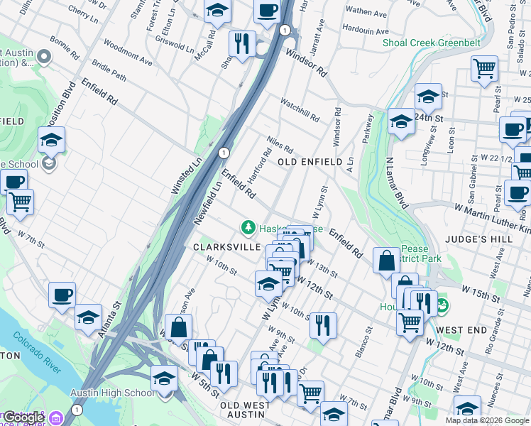 map of restaurants, bars, coffee shops, grocery stores, and more near 1705 Enfield Road in Austin