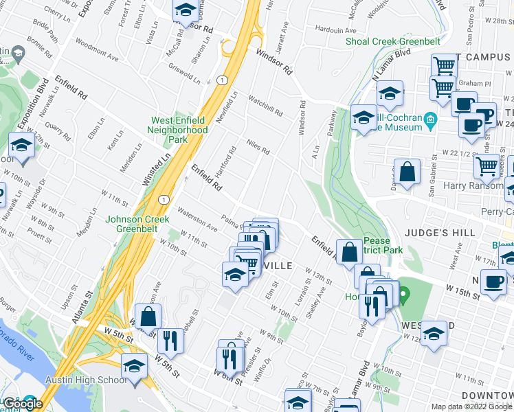 map of restaurants, bars, coffee shops, grocery stores, and more near 1500 Pease Road in Austin