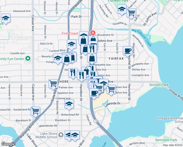 map of restaurants, bars, coffee shops, grocery stores, and more near 4343 Roosevelt Blvd in Jacksonville