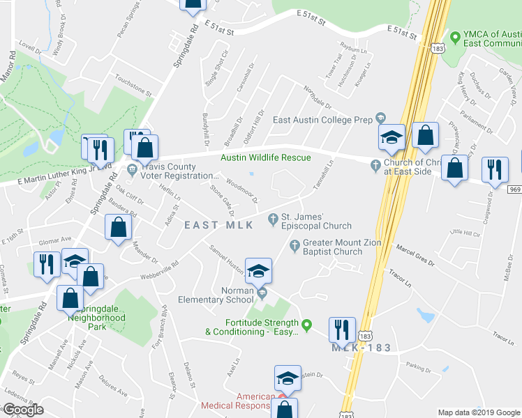 map of restaurants, bars, coffee shops, grocery stores, and more near 5302 Woodmoor Drive in Austin