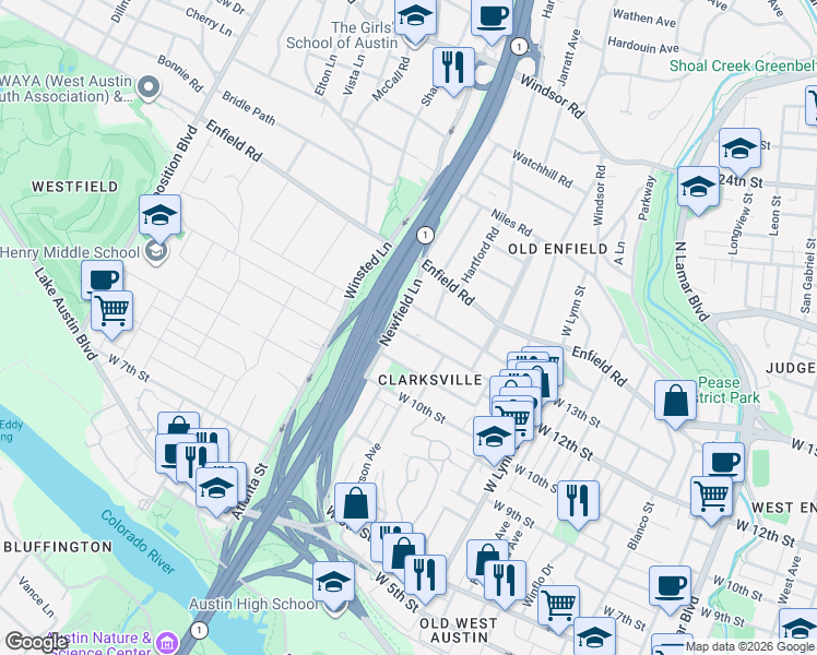 map of restaurants, bars, coffee shops, grocery stores, and more near 1818 Waterston Avenue in Austin