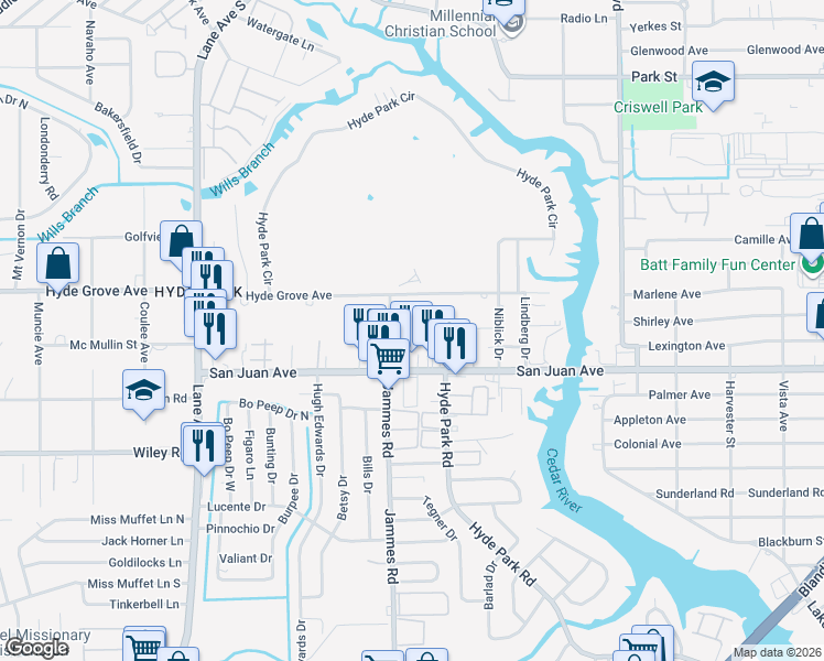 map of restaurants, bars, coffee shops, grocery stores, and more near 6345 Kimberly Lane in Jacksonville