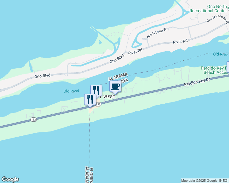 map of restaurants, bars, coffee shops, grocery stores, and more near 17290 Perdido Key Drive in Pensacola