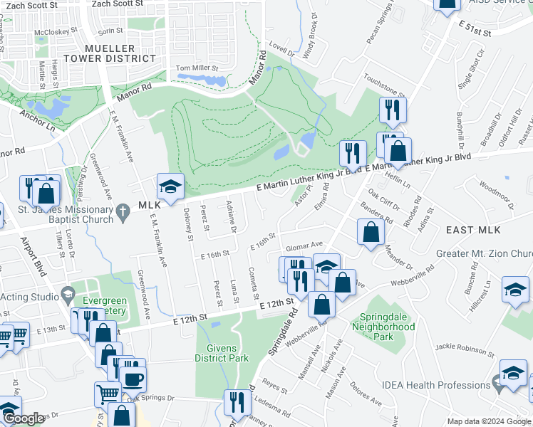 map of restaurants, bars, coffee shops, grocery stores, and more near 4101 Monticello Circle in Austin
