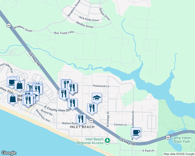 map of restaurants, bars, coffee shops, grocery stores, and more near 961 North Walton Lakeshore Drive in Panama City Beach