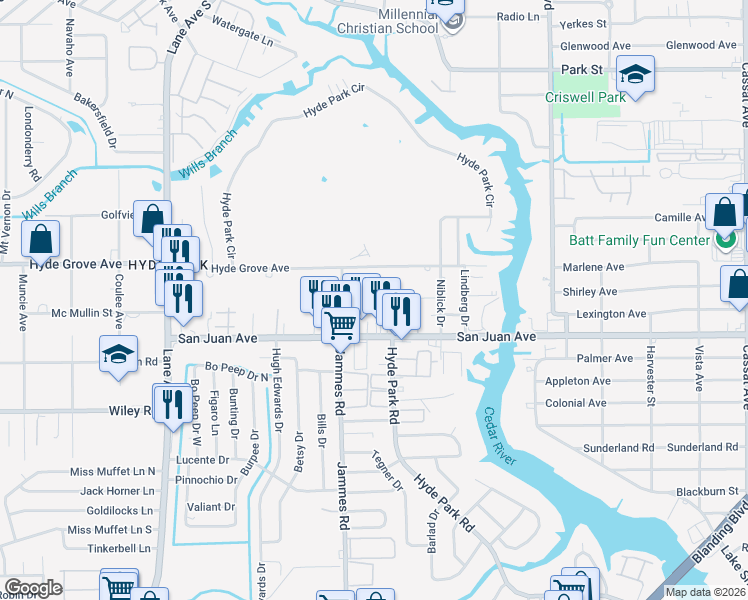 map of restaurants, bars, coffee shops, grocery stores, and more near 6345 Kimberly Lane in Jacksonville