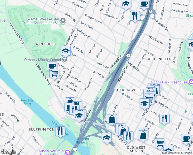 map of restaurants, bars, coffee shops, grocery stores, and more near 2117 West 11th Street in Austin