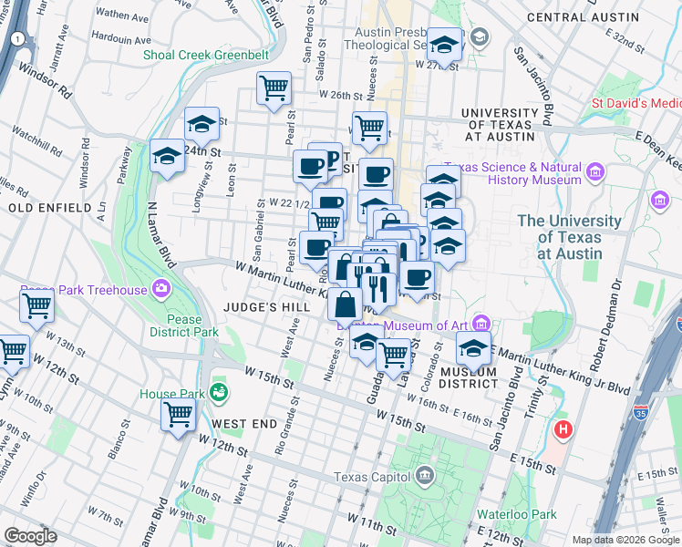 map of restaurants, bars, coffee shops, grocery stores, and more near 1910 Nueces Street in Austin