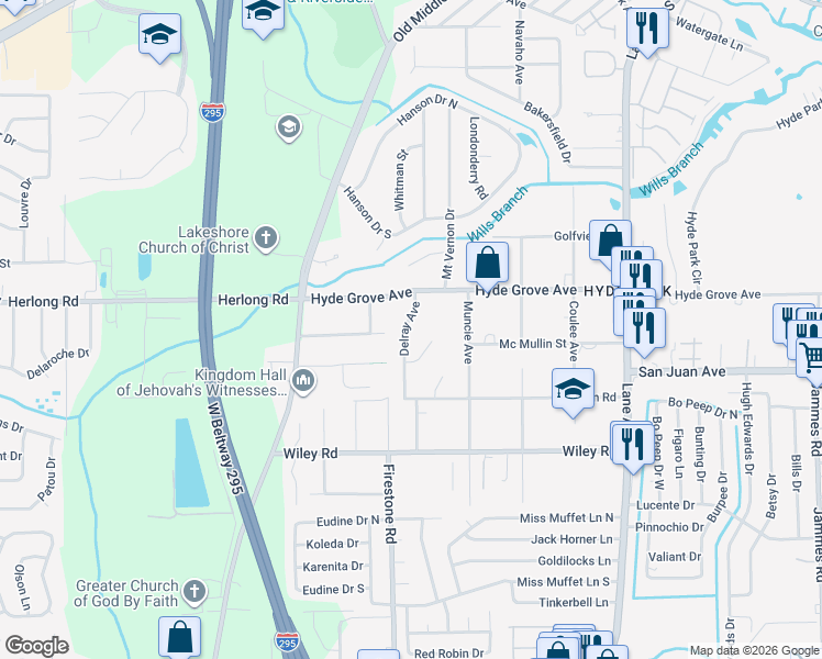 map of restaurants, bars, coffee shops, grocery stores, and more near 1937 Delray Avenue in Jacksonville