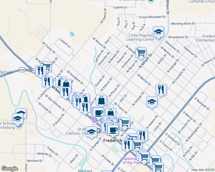 map of restaurants, bars, coffee shops, grocery stores, and more near 409 North Edison Street in Fredericksburg