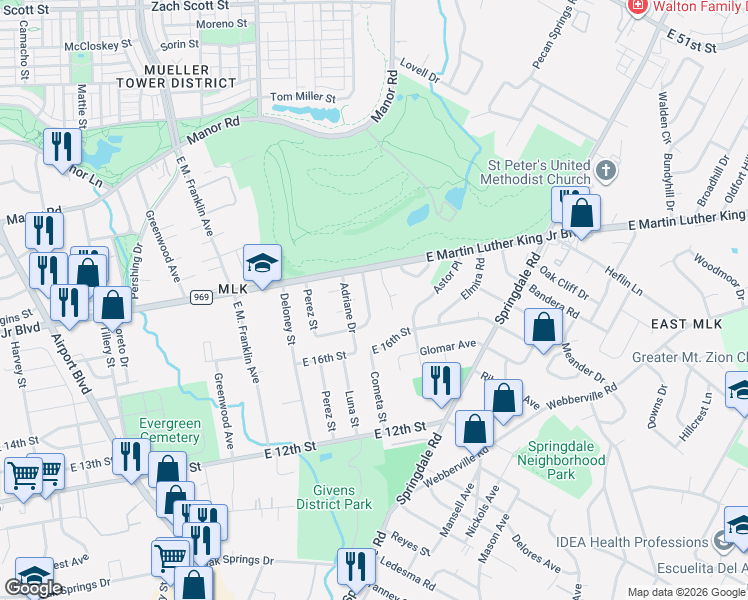 map of restaurants, bars, coffee shops, grocery stores, and more near 1711 J J Seabrook Drive in Austin