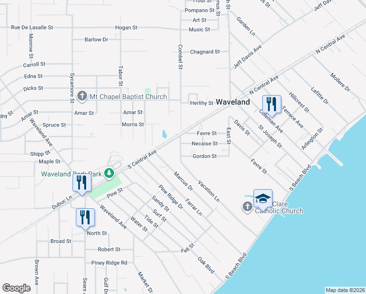 map of restaurants, bars, coffee shops, grocery stores, and more near 308 Vacation Lane in Waveland