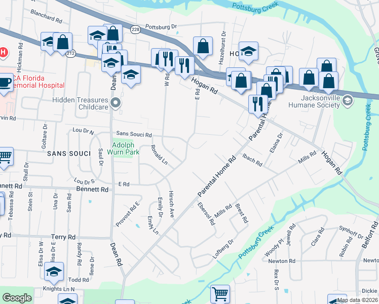 map of restaurants, bars, coffee shops, grocery stores, and more near in Jacksonville