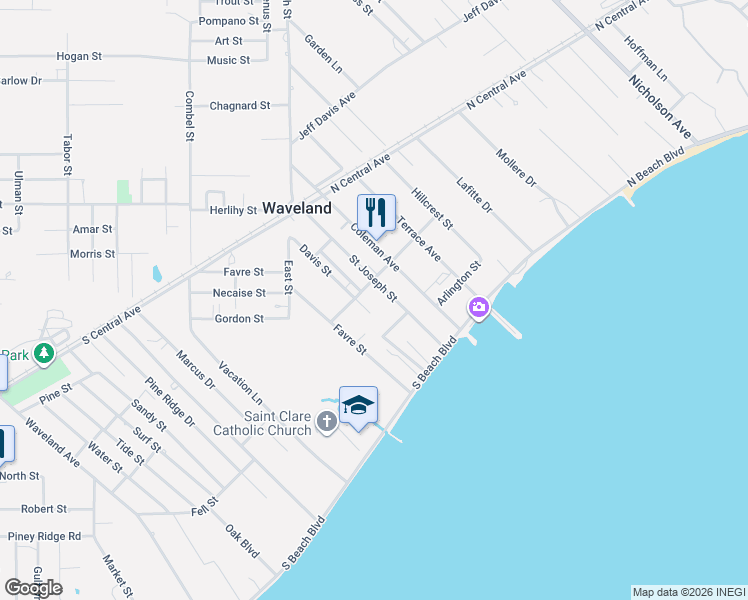 map of restaurants, bars, coffee shops, grocery stores, and more near 213 Peron Street in Waveland